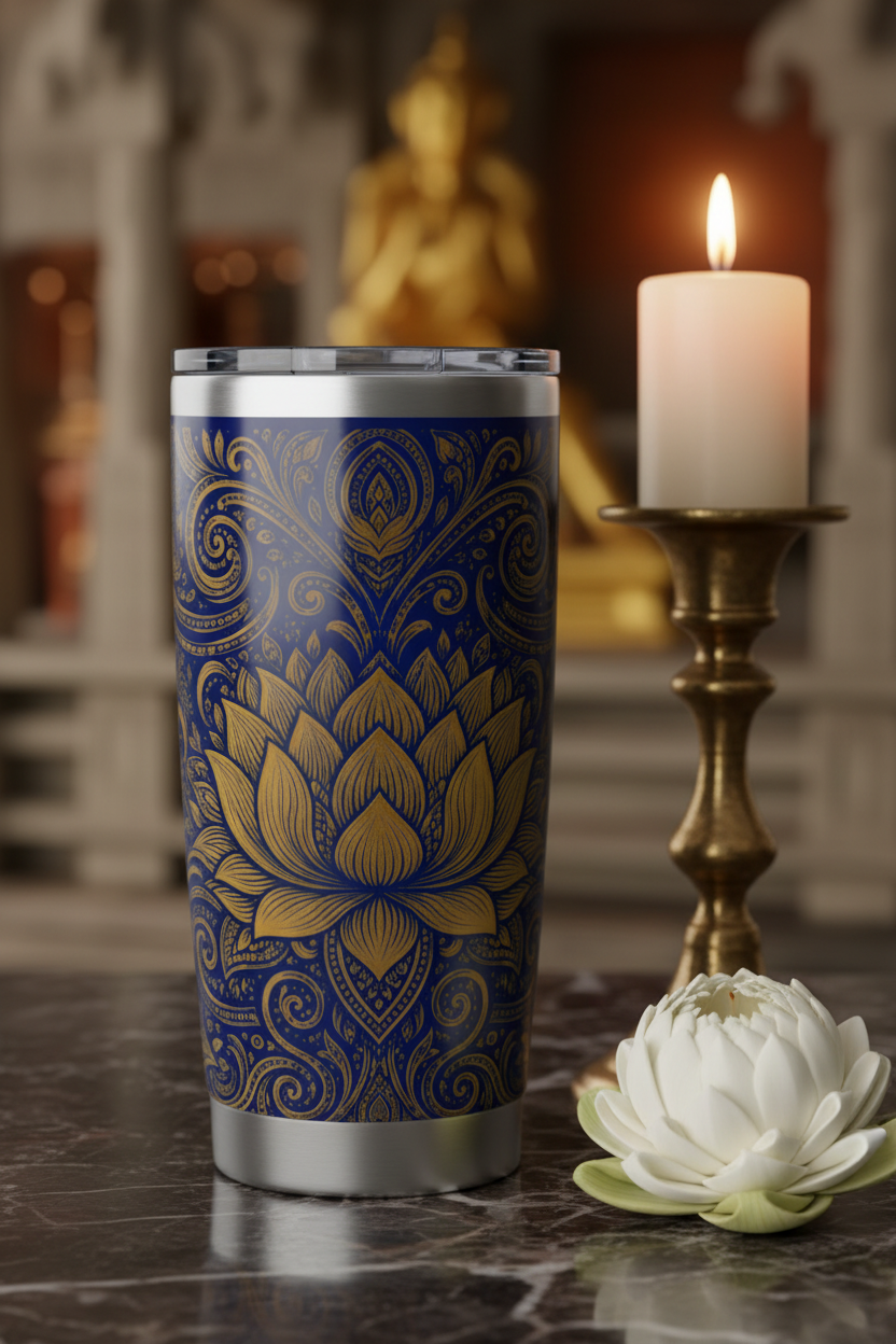 Gold lotus mandala 20oz tumbler on dark marble with white lotus and candle — Temple & Serenity Collection — Ceylon Culture Vibes