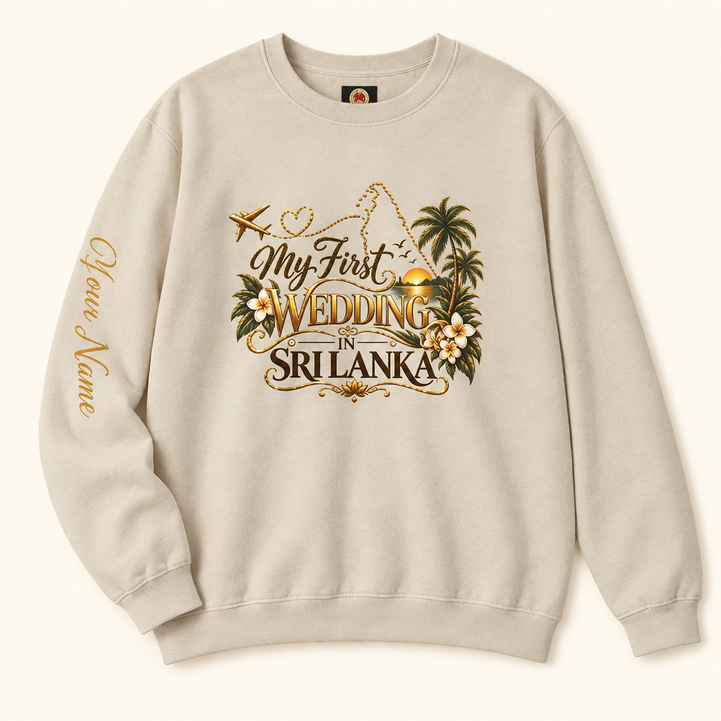 Cream Sri Lanka wedding crewneck sweatshirt with tropical chest artwork and personalized name on the right sleeve — Ceylon Culture Vibes