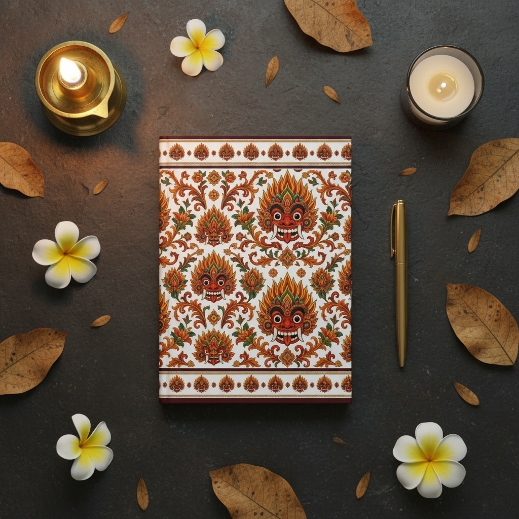 Raksha mask floral hardcover journal Sri Lankan gift flat lay with brass lamp and frangipani — Raksha Collection — Ceylon Culture Vibes
