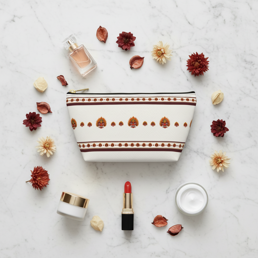 Raksha mask cosmetic pouch beauty flat lay on marble with cosmetics — Raksha Collection — Ceylon Culture Vibes