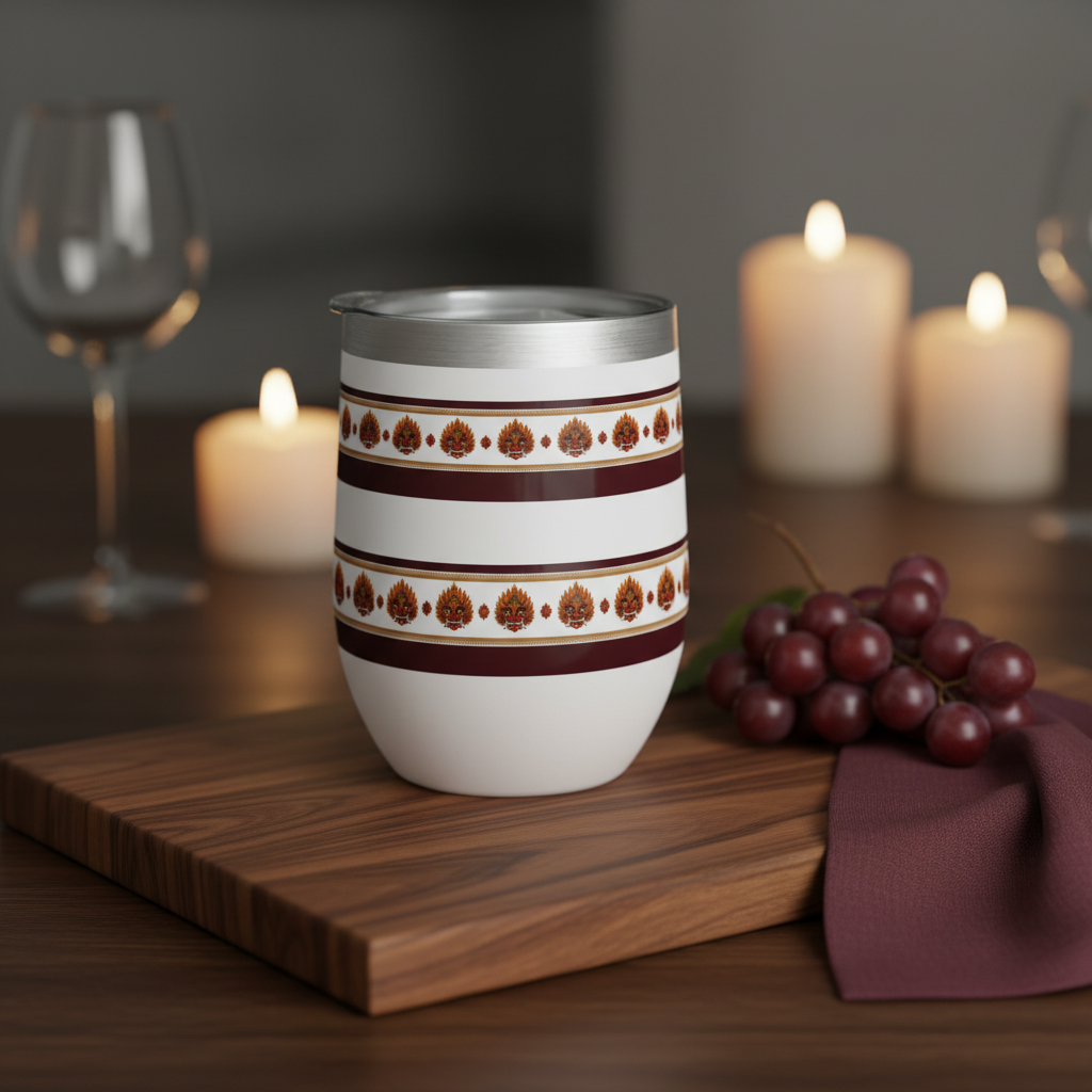 Lifestyle shot of white Raksha Mask wine tumbler on walnut board with grapes and candlelight — Raksha Collection — Ceylon Culture Vibes