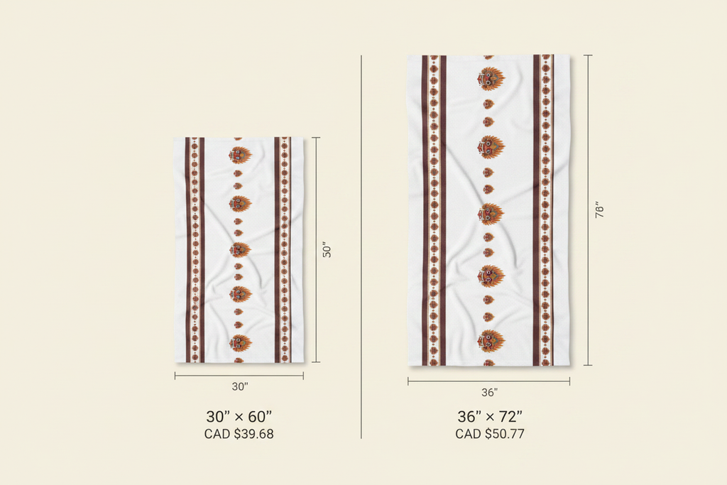 Raksha Beach Towel size guide card 30x60 and 36x72 — Ceylon Culture Vibes