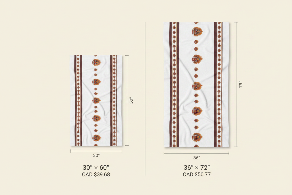 Raksha Beach Towel size guide card 30x60 and 36x72 — Ceylon Culture Vibes