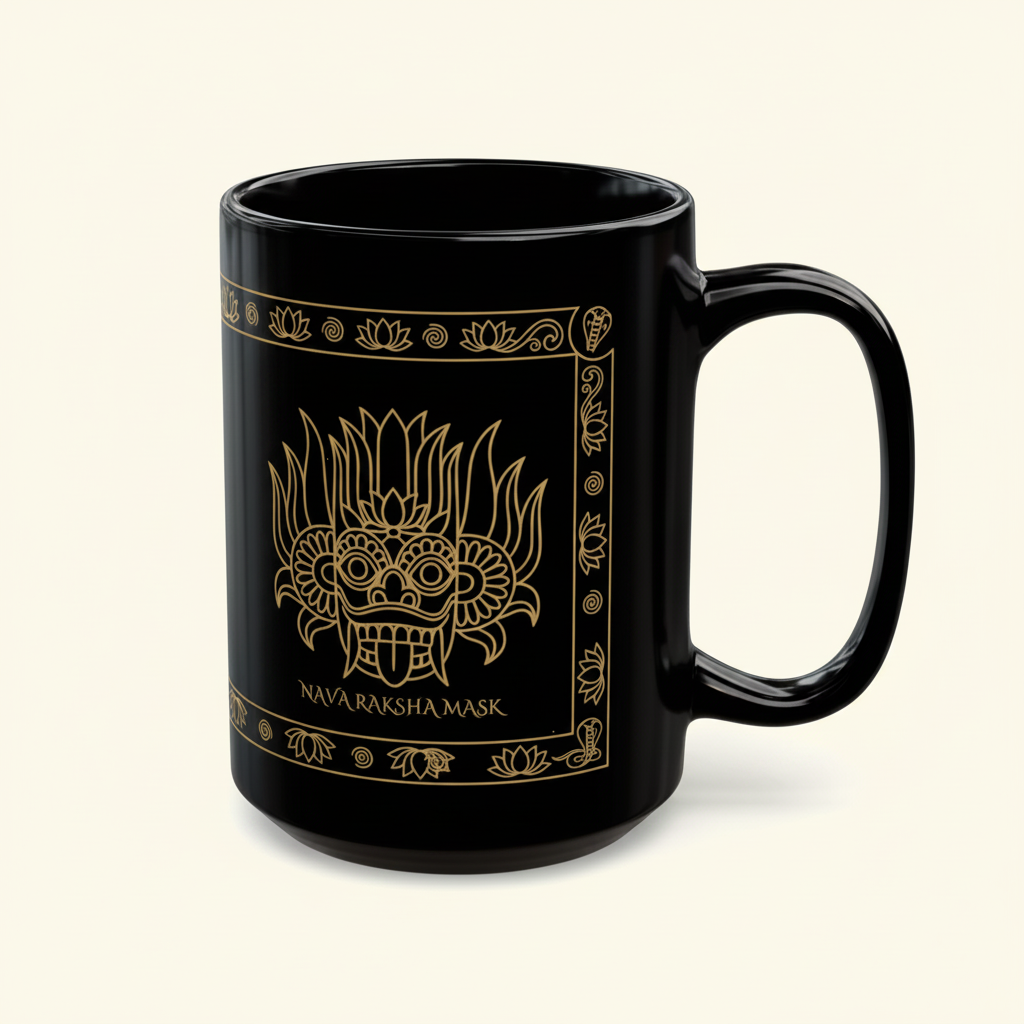 Nava Raksha Mask black ceramic mug close-up thumbnail — gold lotus border Sri Lankan folk art — Ceylon Culture Vibes