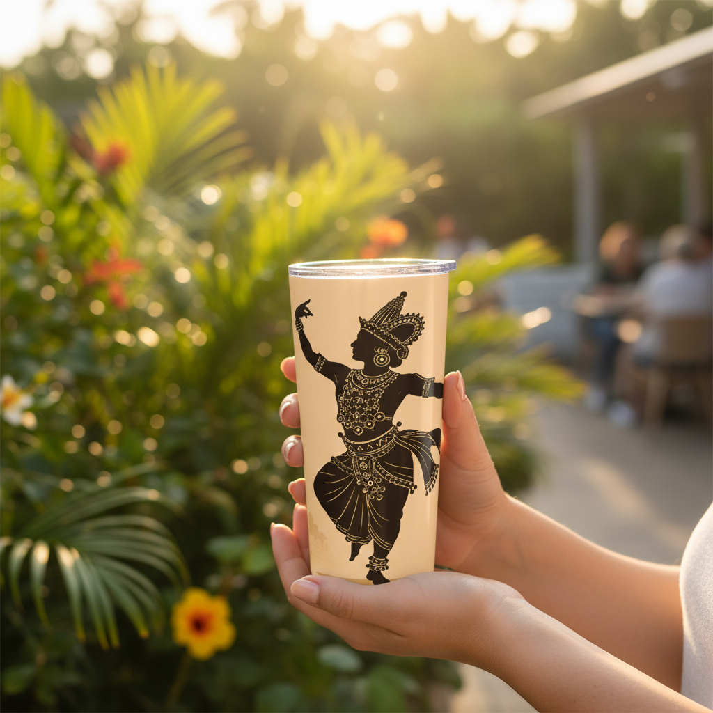 Sri Lanka Kandyan Dancer Silhouette Tumbler 20oz café lifestyle — Kandyan Heritage Collection — Ceylon Culture Vibes