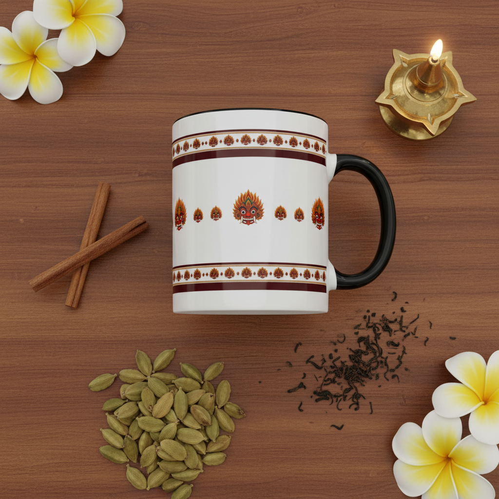 Raksha mask accent coffee mug flat lay with Ceylon tea and brass lamp — Raksha Collection — Ceylon Culture Vibes
