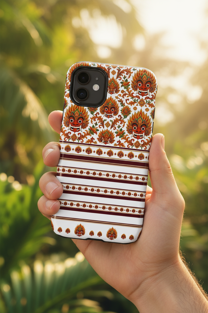Raksha mask tough phone case held outdoors against tropical greenery — Raksha Collection — Ceylon Culture Vibes