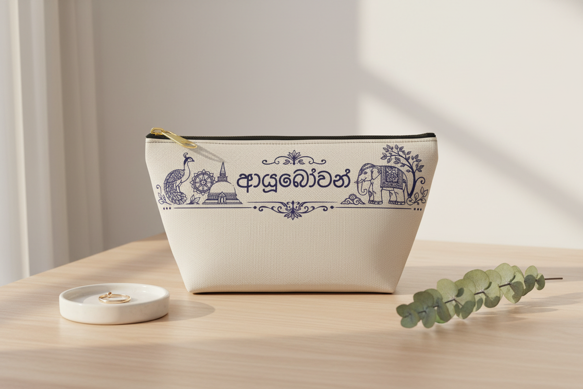 Ayubowan pouch upright on timber vanity with ceramic dish and eucalyptus — Ceylon Culture Vibes