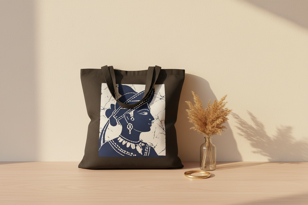 Ceylon Dancer tote bag resting on timber surface with pampas grass lifestyle mockup — Ceylon Culture Vibes