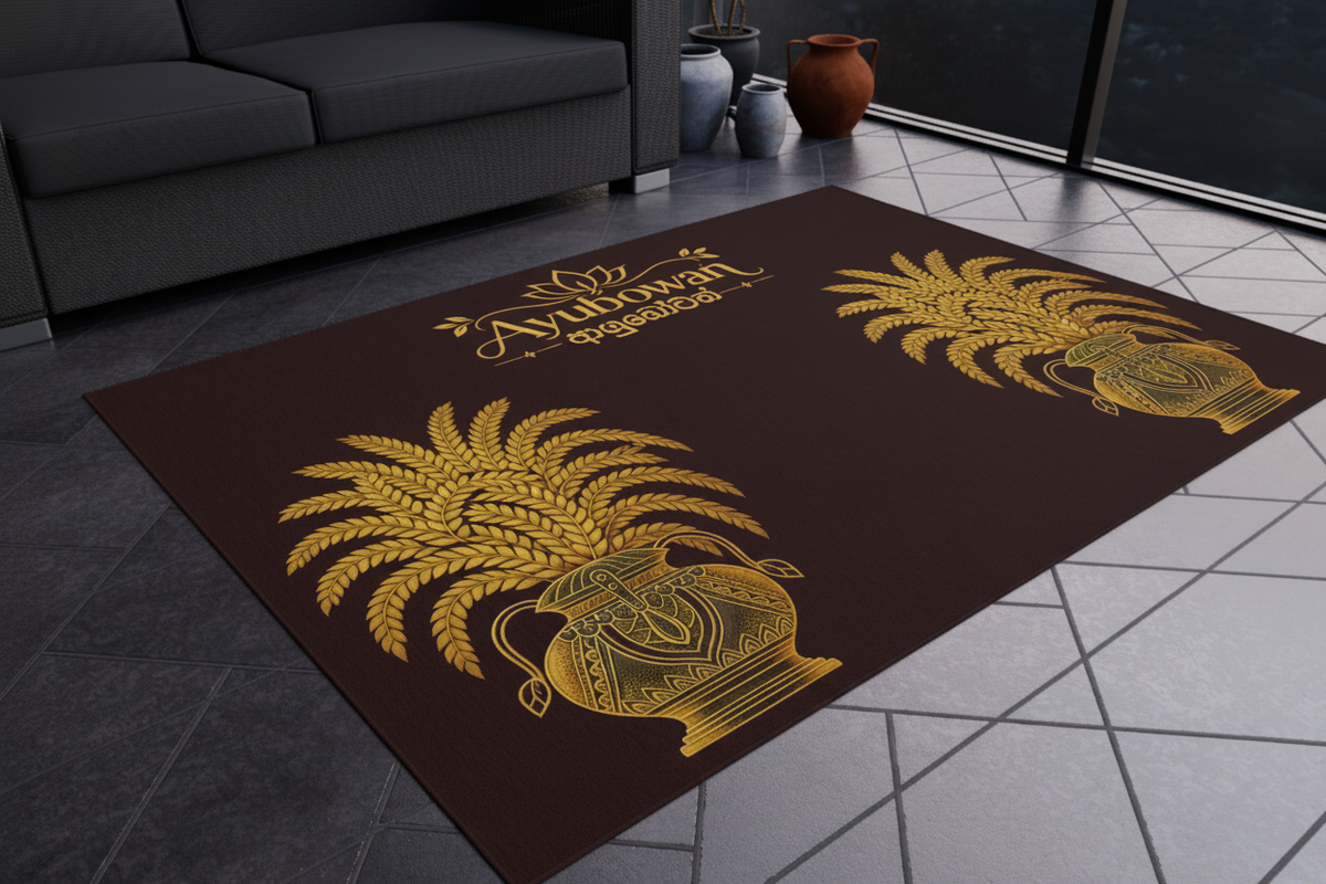Ayubowan welcome rug on outdoor patio with terracotta pot — Ceylon Culture Vibes