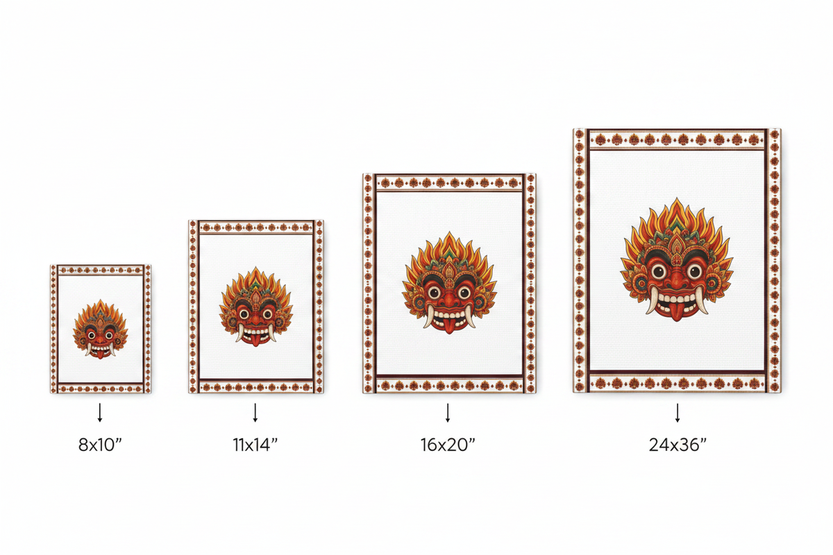Raksha mask stretched canvas size comparison guide showing 8x10 11x14 16x20 and 24x36 sizes — Raksha Collection — Ceylon Culture Vibes