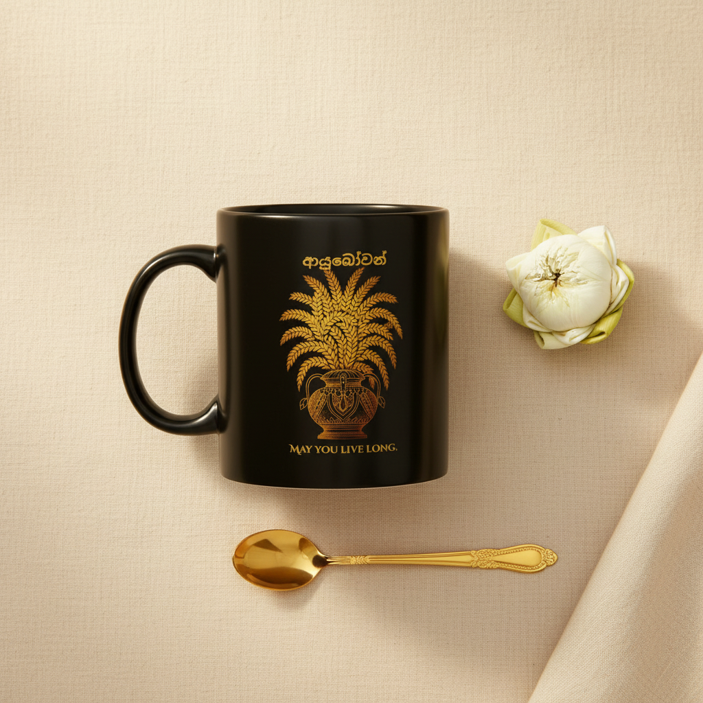 Ayubowan black coffee mug flat lay with white lotus and gold teaspoon — Ceylon Culture Vibes