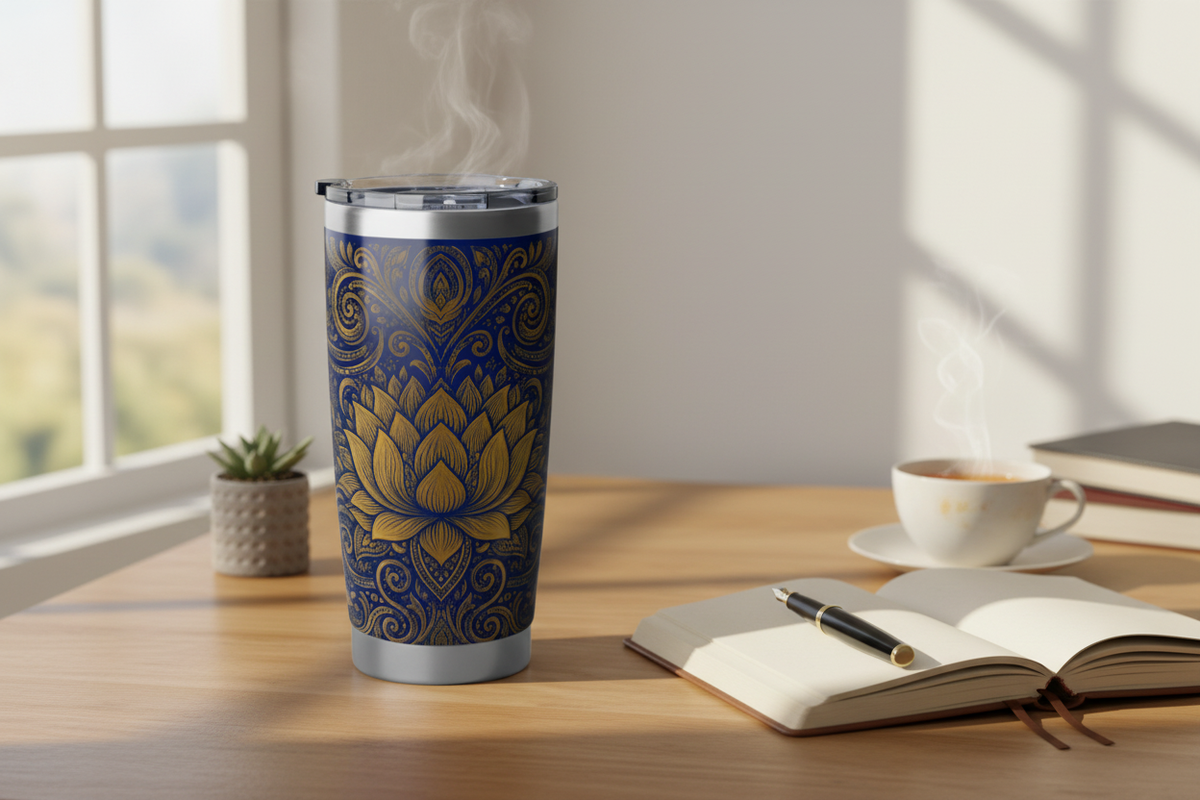 Gold lotus mandala 20oz tumbler on wooden desk with Ceylon tea and journal — Temple & Serenity Collection — Ceylon Culture Vibes