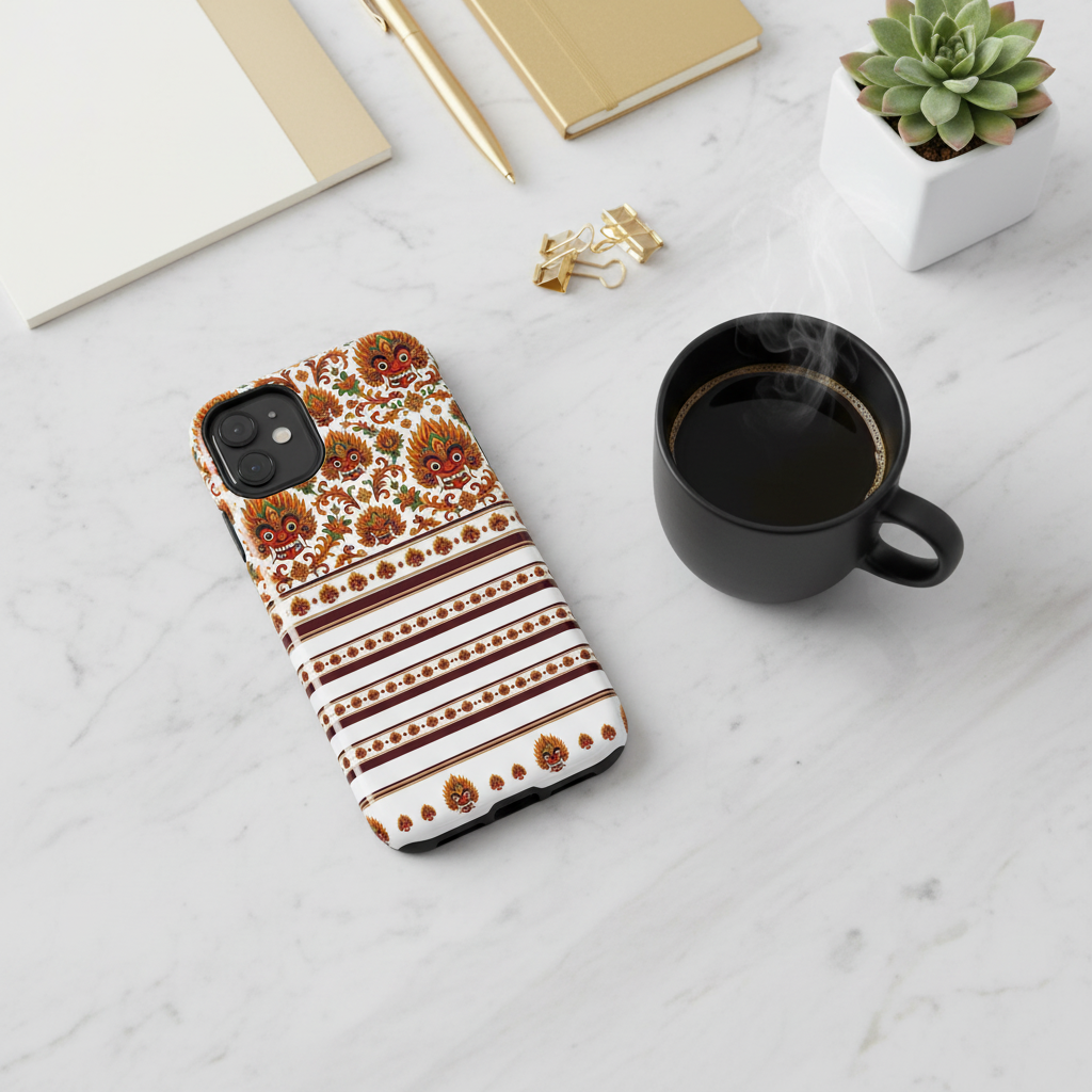 Raksha mask tough phone case on marble desk with coffee and stationery — Raksha Collection — Ceylon Culture Vibes