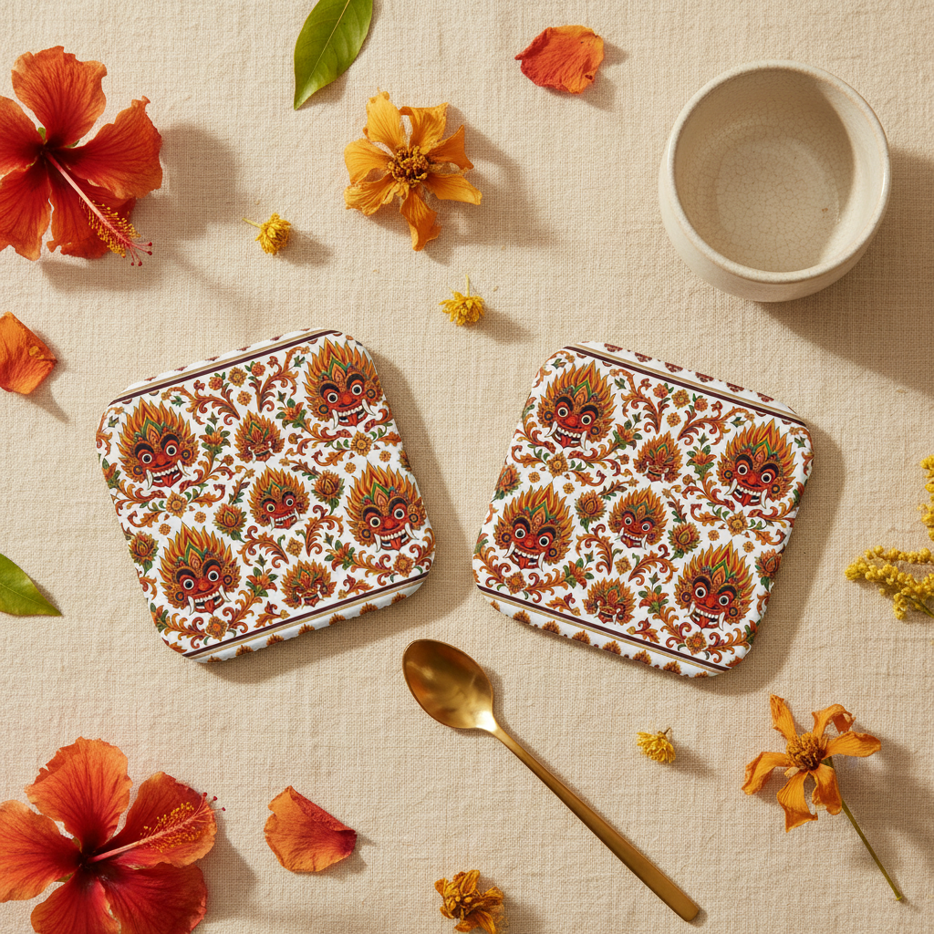 Sri Lanka Raksha Mask Ceramic Coaster Kolam Devil Dance flat lay — Raksha Collection — Ceylon Culture Vibes