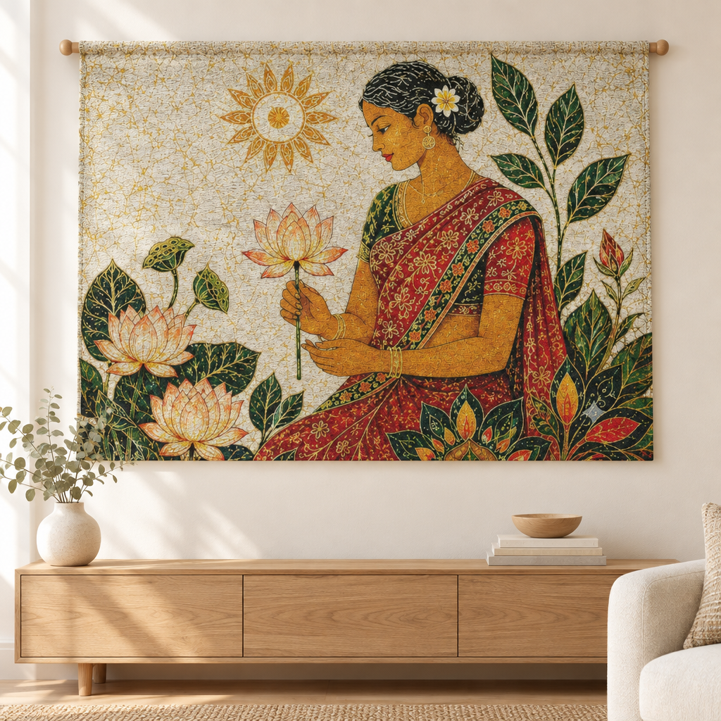 Lotus goddess woven tapestry displayed above a timber console in a bright living room — Ceylon Culture Vibes