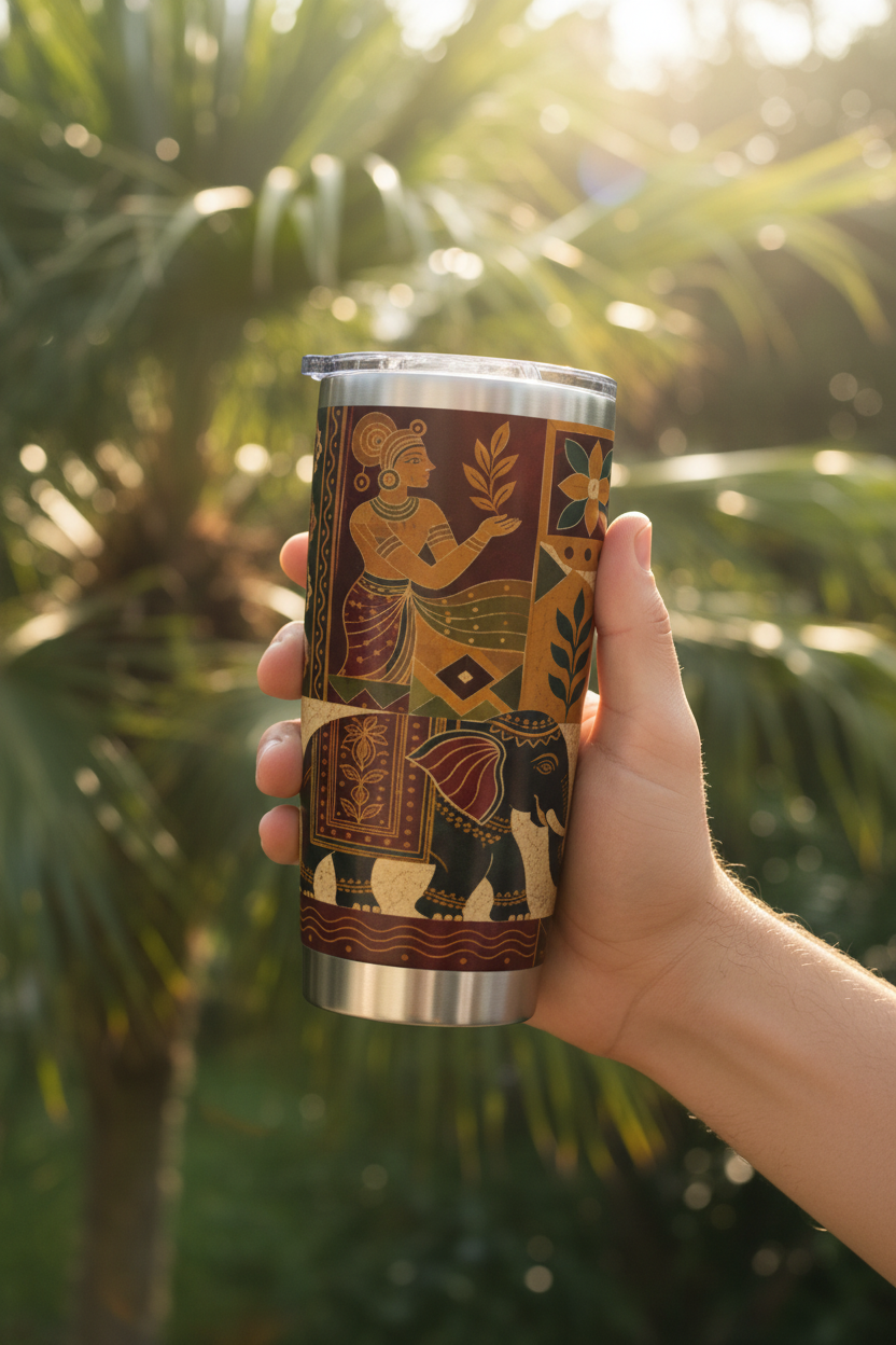 Hand holding Ceylon batik elephant 20oz tumbler outdoors in tropical garden — Batik Collection — Ceylon Culture Vibes