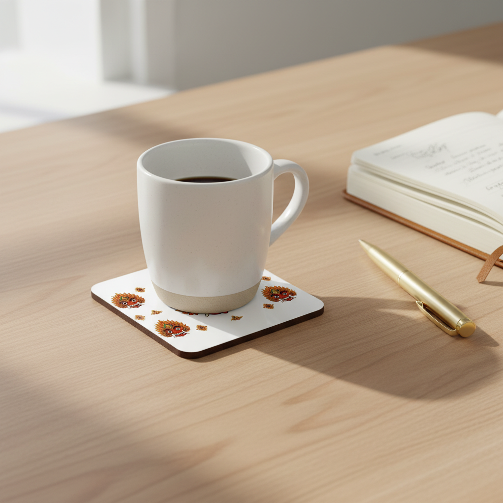 Raksha mask square hardboard coaster with coffee mug on oak desk — Raksha Collection — Ceylon Culture Vibes