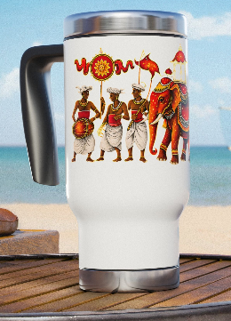 Sri Lanka Elephant Procession Travel Mug 14oz lifestyle beach — Kandyan Heritage Collection — Ceylon Culture Vibes