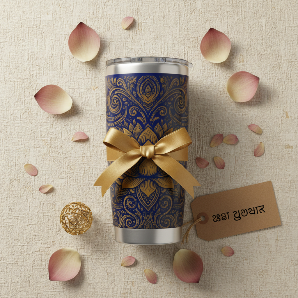 Gold lotus mandala 20oz tumbler gift flat lay with gold ribbon and lotus petals — Temple & Serenity Collection — Ceylon Culture Vibes
