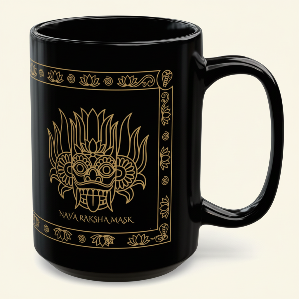 Nava Raksha Mask black ceramic mug close-up — gold lotus border design — Ceylon Culture Vibes