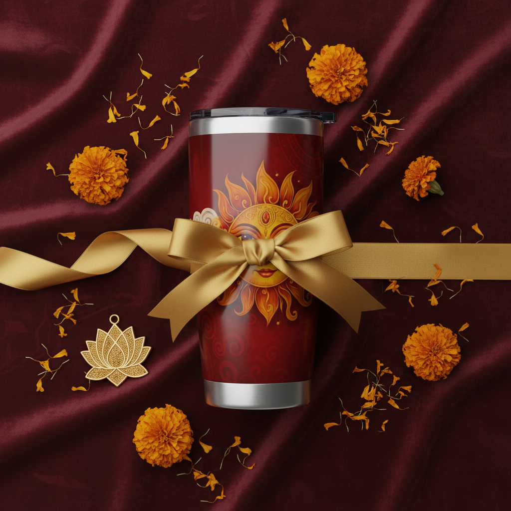 Ceylon sun face 20oz tumbler gift flat lay on burgundy velvet with gold ribbon and marigold petals — Temple & Serenity Collection — Ceylon Culture Vibes