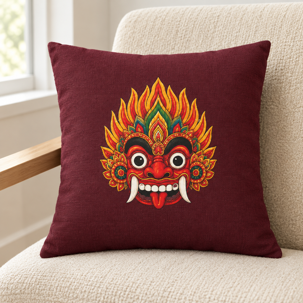 Burgundy square pillow with a colourful Raksha mask on a cream chair — Ceylon Culture Vibes