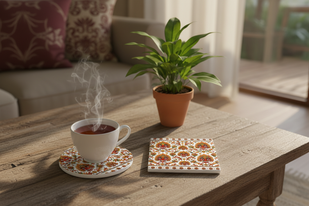 Lifestyle shot of Raksha Mask ceramic coasters on coffee table with Ceylon tea — Raksha Collection — Ceylon Culture Vibes