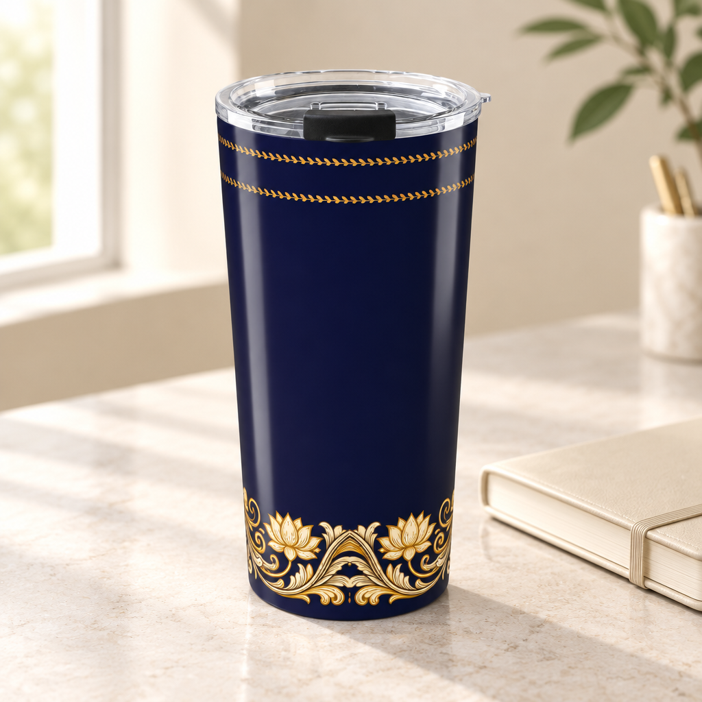 Navy and gold tumbler workspace mockup
