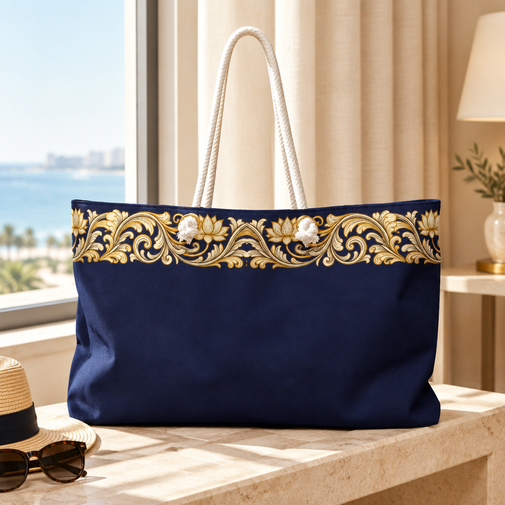 Navy and gold weekender bag hotel lifestyle mockup