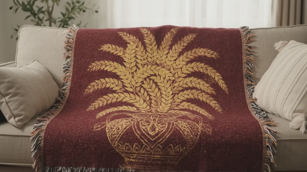 Punkalasa Woven Throw Blanket Sri Lankan Heritage Burgundy Gold Cotton Fringe Blanket