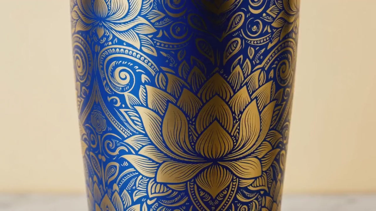 Gold Lotus Mandala Tumbler Royal Blue & Gold Sri Lankan Design | 20oz Stainless Steel Travel Cup | Ceylon Culture Vibes