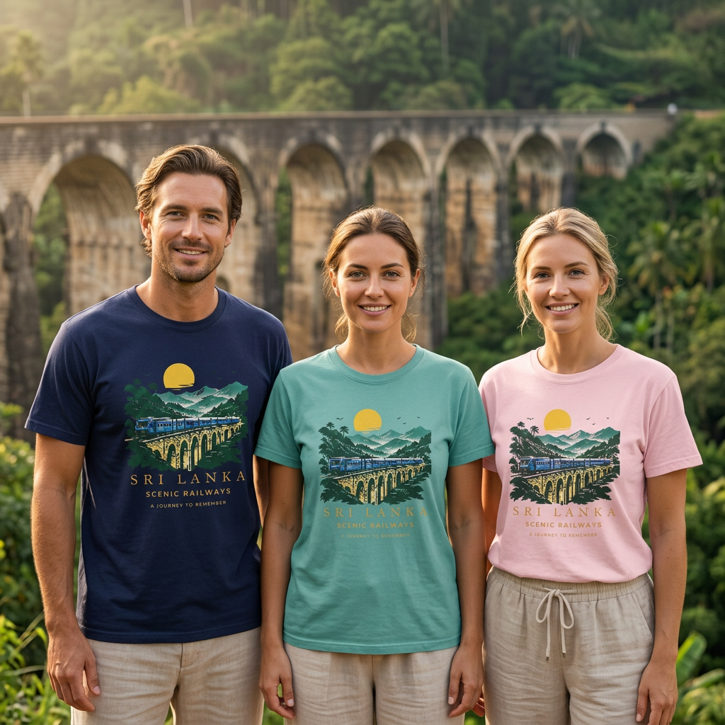 Sri Lanka railway tees modelled with a Nine Arch Bridge-inspired backdrop