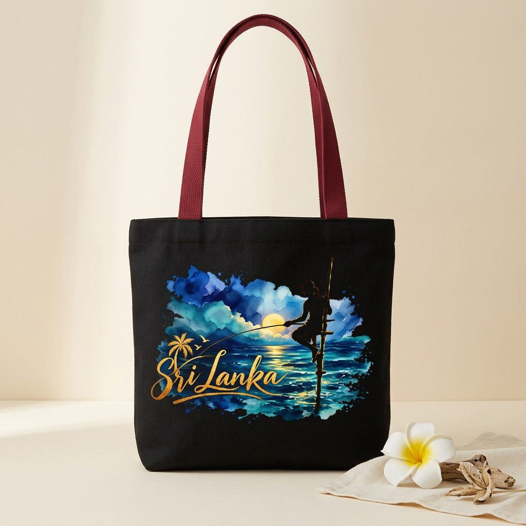 Sri Lanka stilt fisherman tote mockup with warm ivory coastal styling