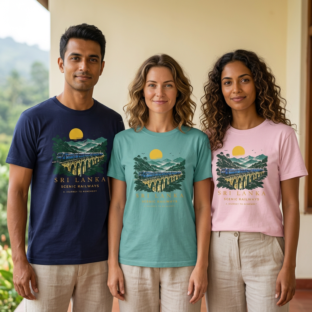 Three adults wearing Sri Lanka railway tees in a square lifestyle mockup
