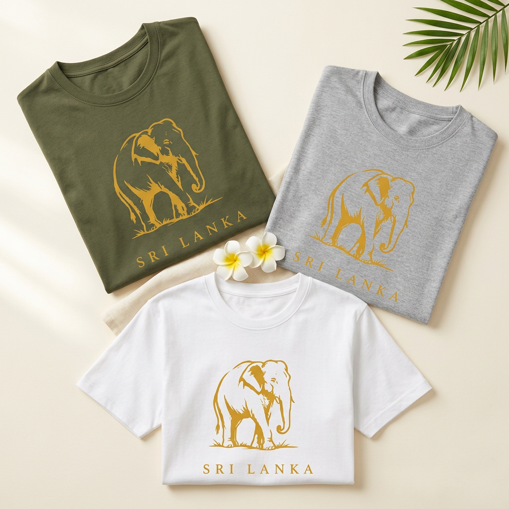 Three Sri Lanka elephant tees with subtle tropical styling in a square mockup