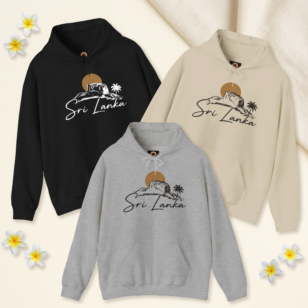 Three Sri Lanka hoodies together with subtle flowers on a warm ivory background
