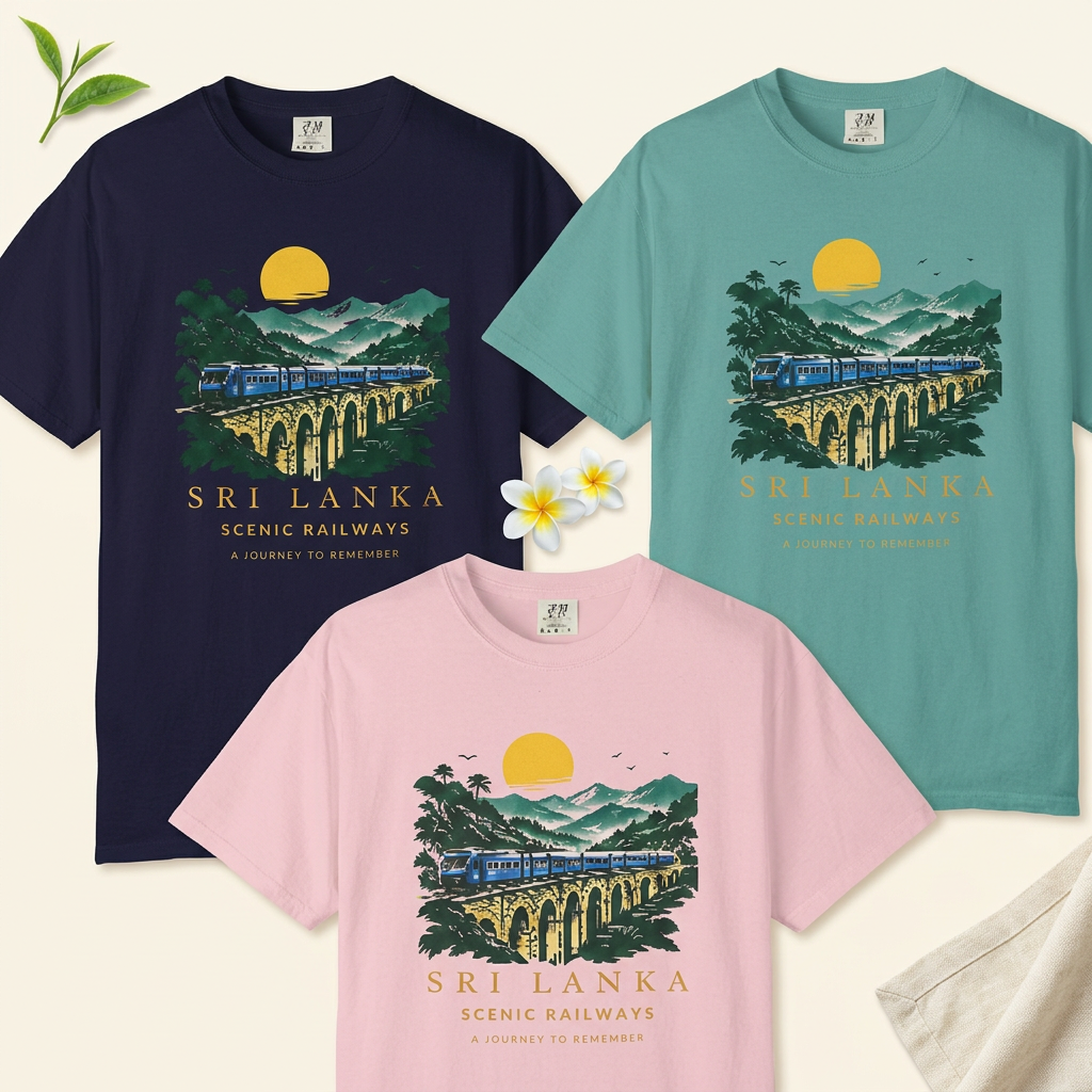 Three Sri Lanka railway tees with tea leaves and tropical flowers in a square mockup