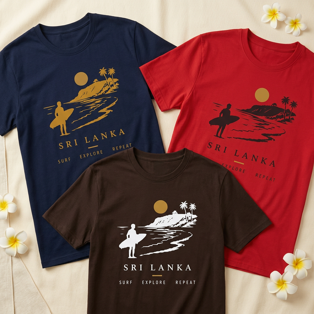 Three Sri Lanka surf T-shirts together with subtle floral styling in a square mockup