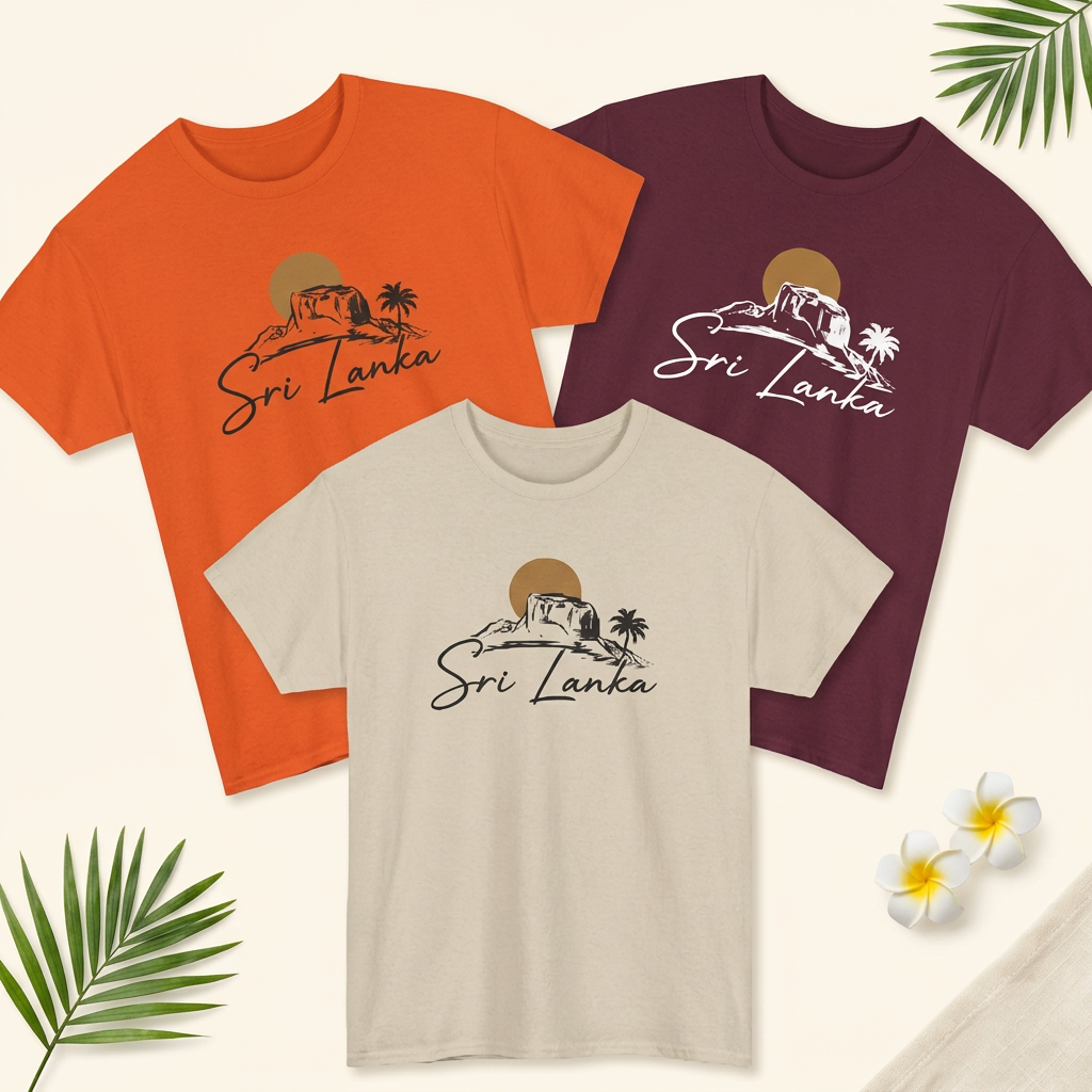 Three Sri Lanka T-shirts with matching tropical styling in a square mockup