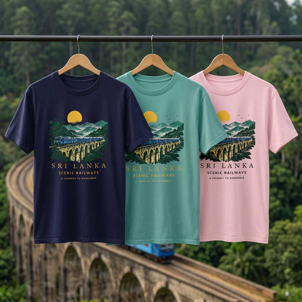 Three Sri Lanka T-shirts with Nine Arch Bridge in the background