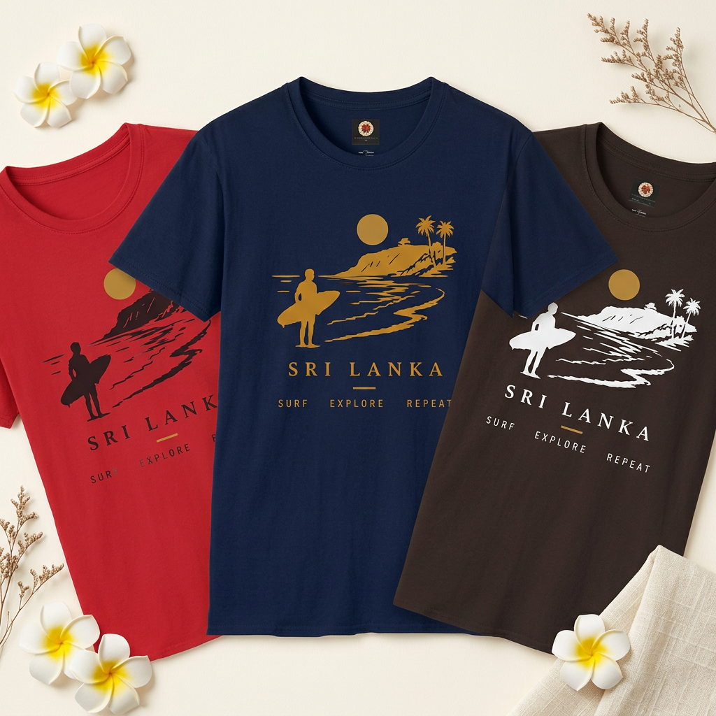 Three surf tees in a square arrangement with tropical flowers and cream linen