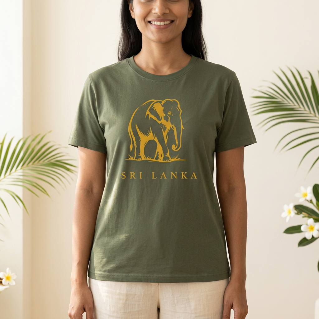Woman wearing the olive Sri Lanka elephant tee